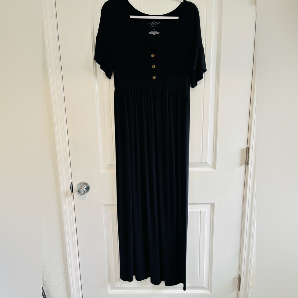 a:glow Black V-Neck Button-Front Maxi Dress